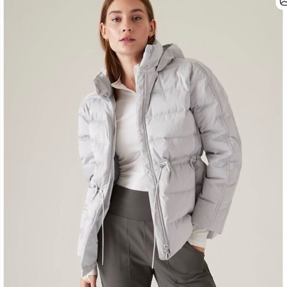 Athleta satin down grey jacket size small